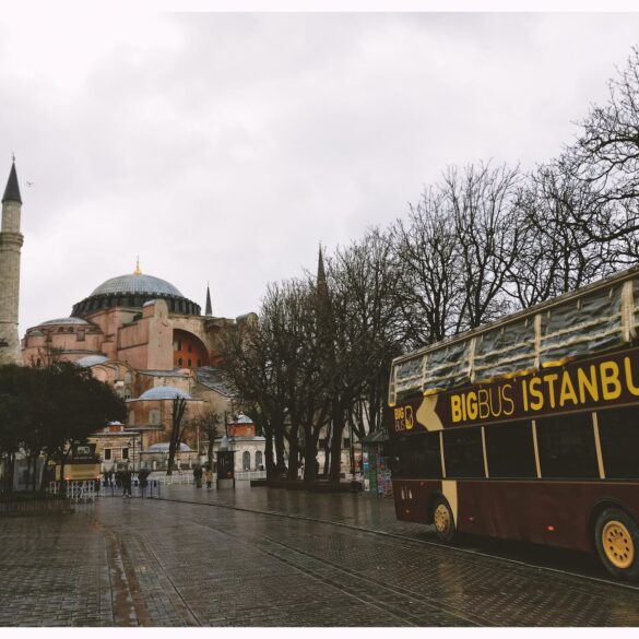 brown bigbus istanbul traveling on road near brown dome building