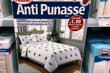Photo d'une housse anti punaise de lit pliée et emballée, présentée sur une étagère d'un magasin spécialisé avec d'autres produits anti-parasitaires