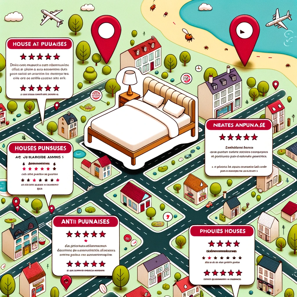 Illustration d'une carte de la ville avec des pinpoints indiquant des magasins recommandés pour acheter des housses anti punaises de lit, accompagnée