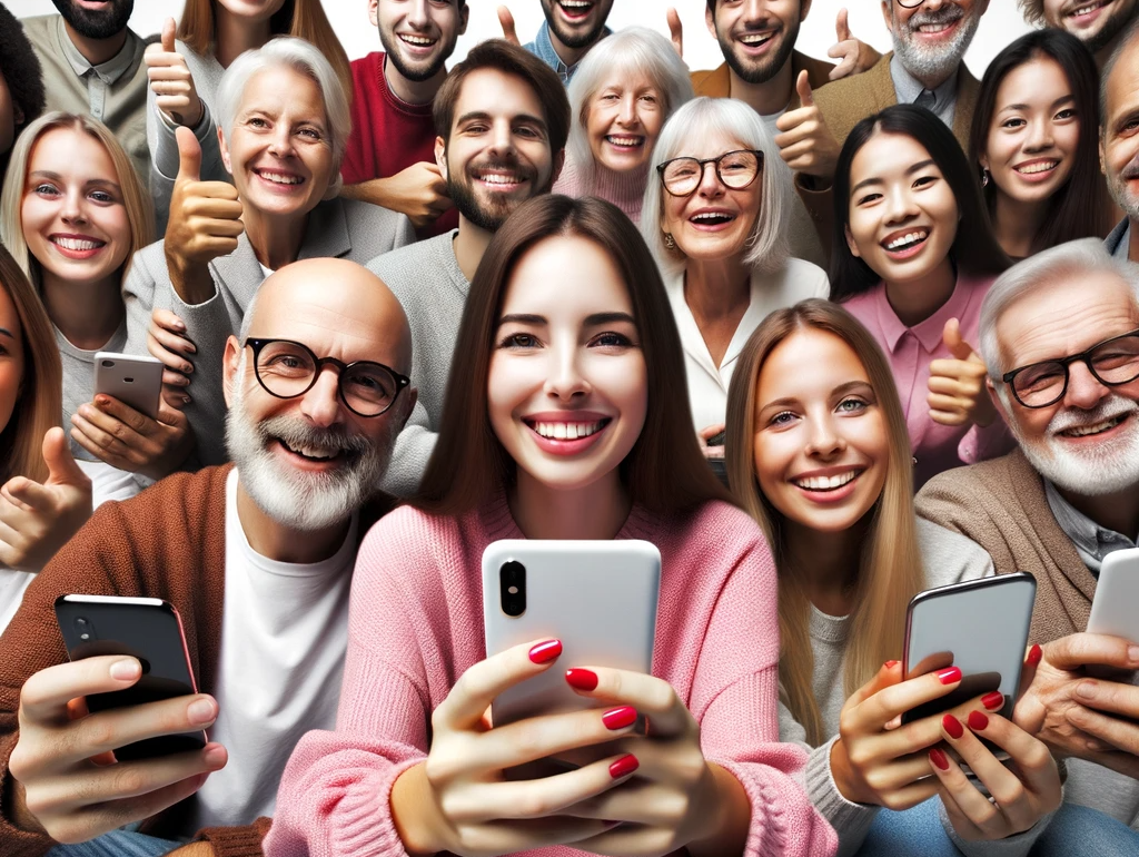 Photo d'un groupe diversifié de personnes souriantes, chacune tenant un smartphone et naviguant sur un site de rencontre, symbolisant la popularité de