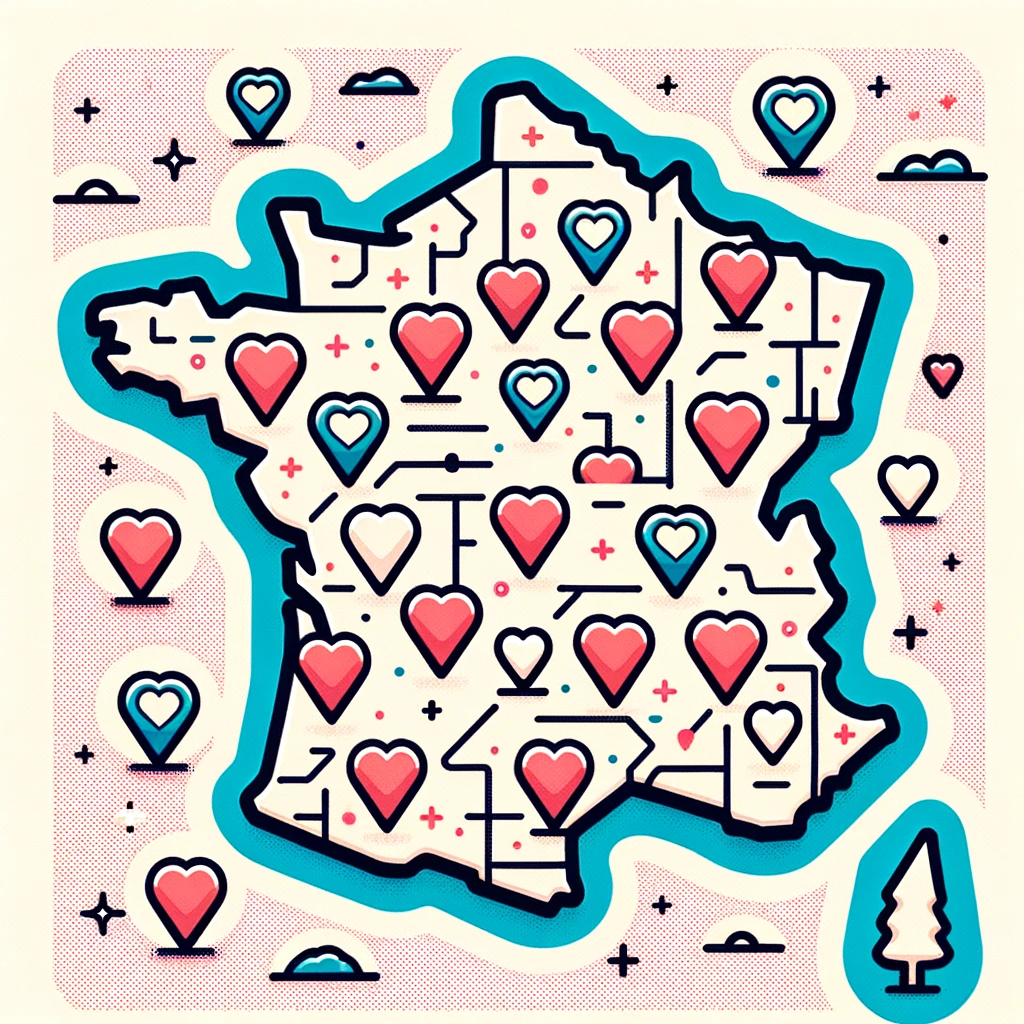 Illustration montrant une carte de la France avec des icônes de coeurs répartis sur tout le territoire, symbolisant l'utilisation répandue du site de