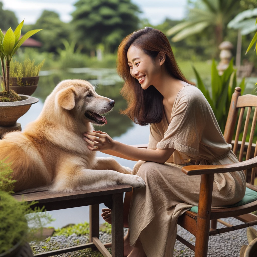 Photo d'une femme asiatique souriante en train de caresser un chien doré dans un cadre paisible. Elle est assise sur une chaise en plein air, entourée