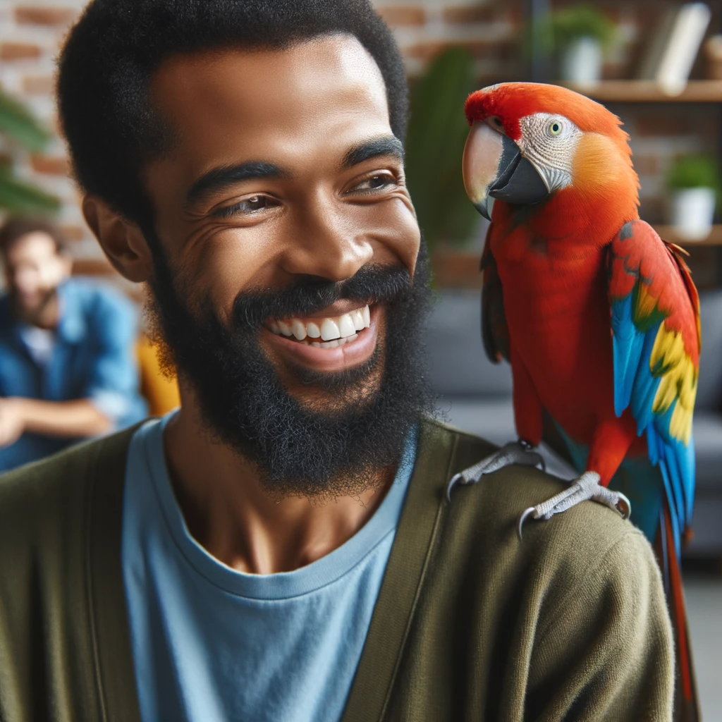 Photo d'un homme afro-américain âgé ayant une conversation avec un perroquet coloré sur son épaule. L'homme a un sourire radieux et le perroquet sembl