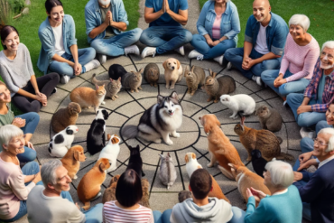 Photo d'un groupe diversifié de personnes de différents âges et origines ethniques formant un cercle dans un jardin, avec différents animaux domestiqu