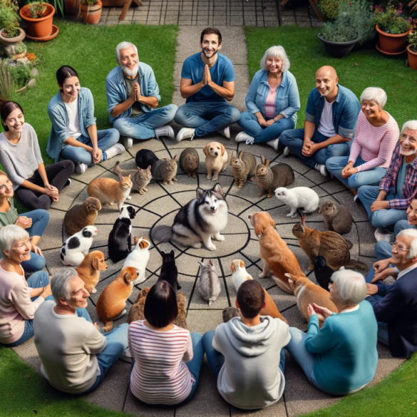 Photo d'un groupe diversifié de personnes de différents âges et origines ethniques formant un cercle dans un jardin, avec différents animaux domestiqu