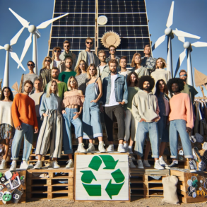 Photo d'un groupe de personnes diverses portant des vêtements éco-responsables, posant ensemble sur un podium fait de matériaux recyclés. En arrière-p