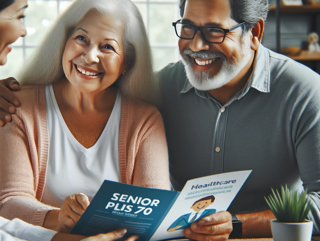 Photo of a happy elderly couple of Hispanic descent discussing healthcare plans with a professional advisor, showcasing a brochure with the title 'Sen