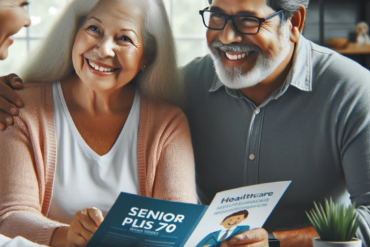 Photo of a happy elderly couple of Hispanic descent discussing healthcare plans with a professional advisor, showcasing a brochure with the title 'Sen