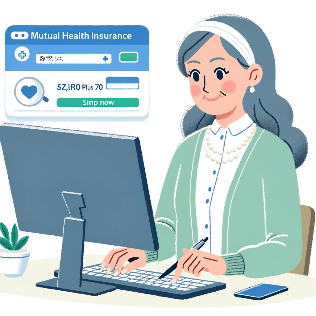 illustration of a senior woman of Middle-Eastern descent using a computer to compare 'Senior Plus 70' mutual health insurance plans, showing satisfact